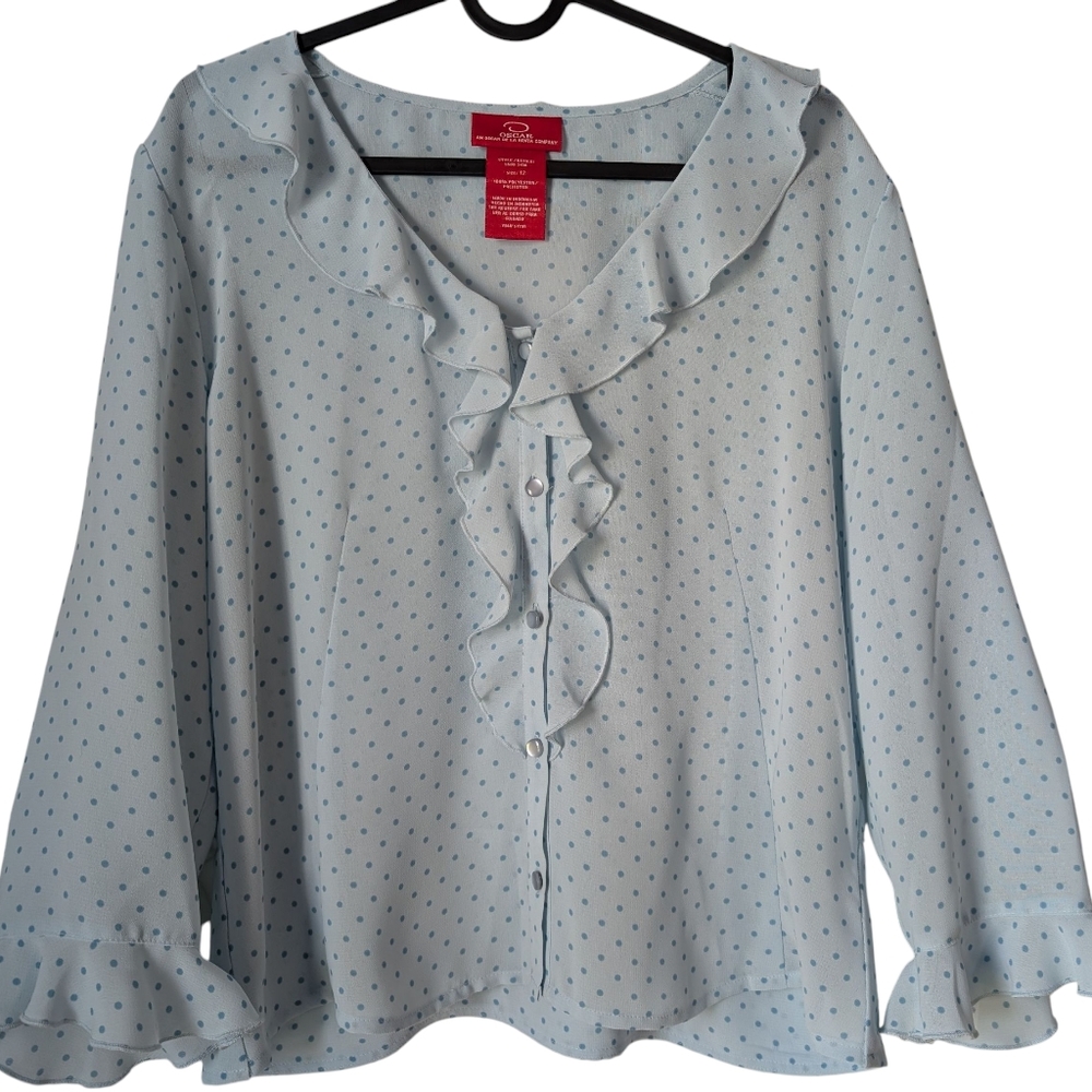OSCAR DE LA RENTA Blue Polka Dot Blouse Ruffle Front Detail Button Down Size 12